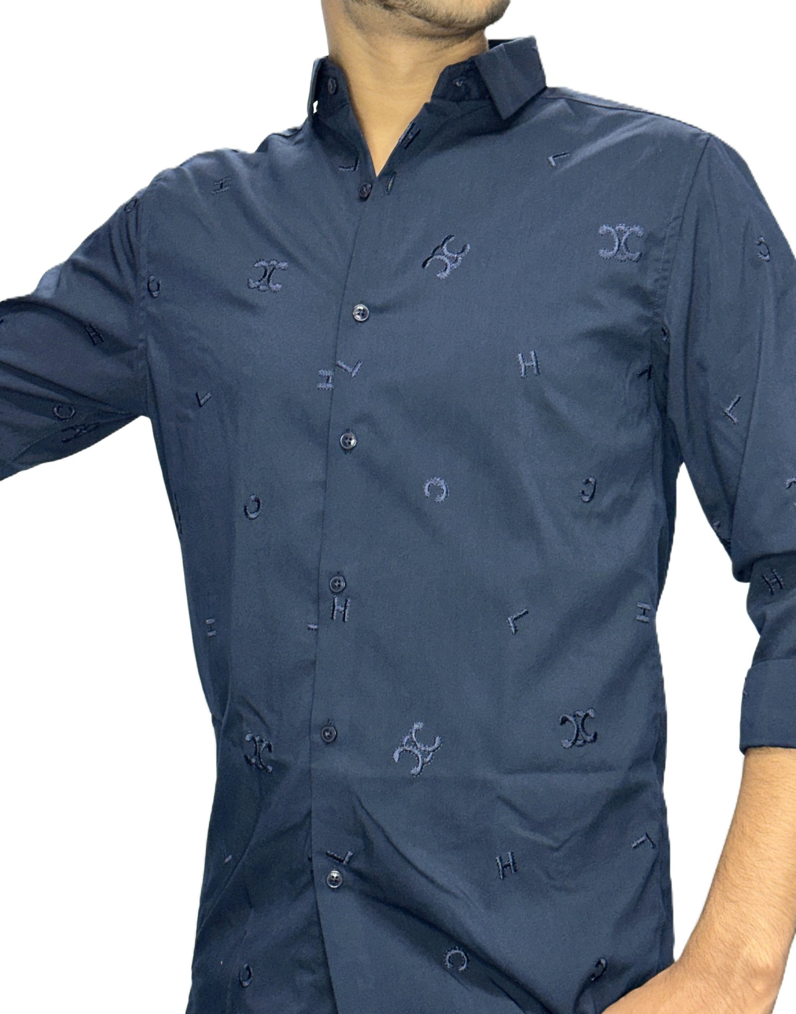 Navy blue slim-fit printed casual shirt